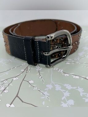 Fossil Womens Patchwork Leather Belt Brown Floral Metallic Studded Boho M